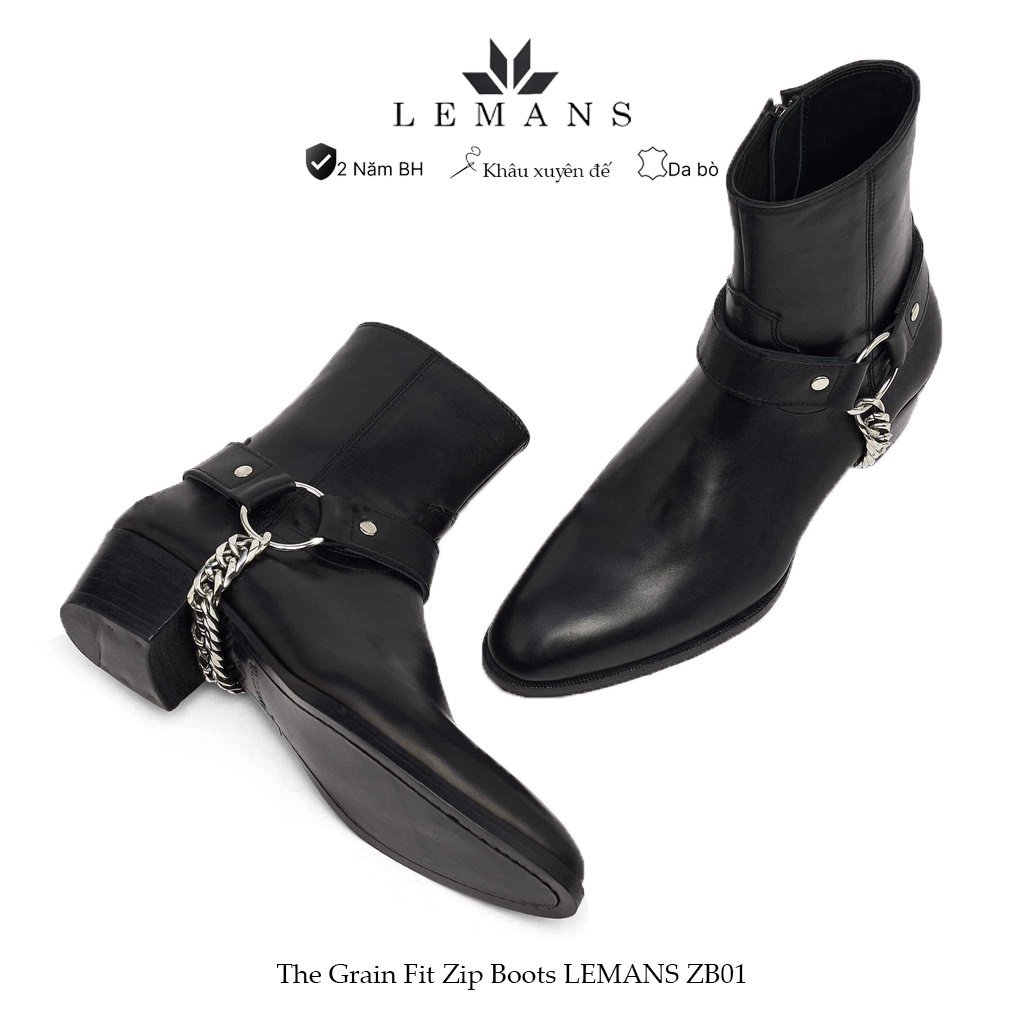 LEMANS ZB01.1 Mens Zip Boots สูง 5.5 ซม. พร้อมพื้นรองเท้าเย็บ รวมเข็มขัดโซ่เพื่อสร้างบูท 3 รุ่น รับประกัน 12T