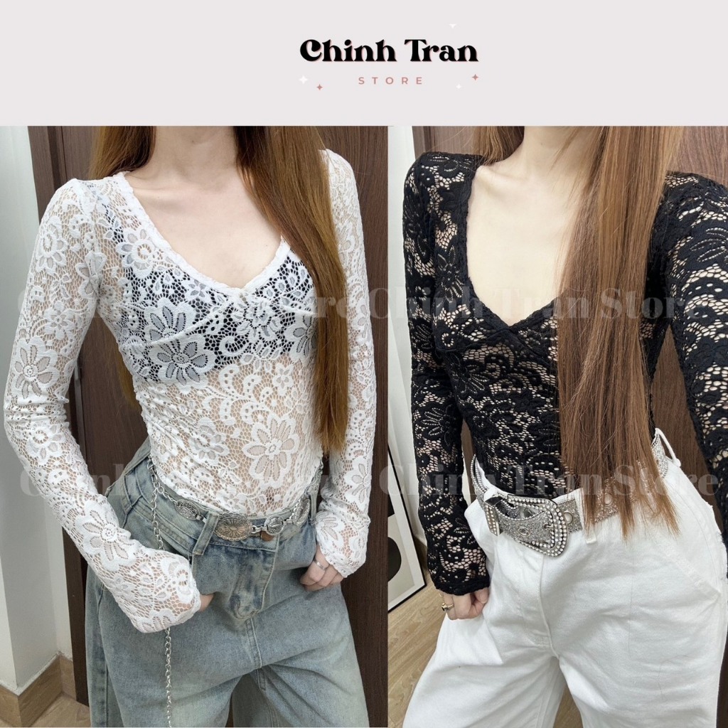 เสื้อลูกไม้แขนยาวคอวีบางซีทรู - Chinh Tran Store