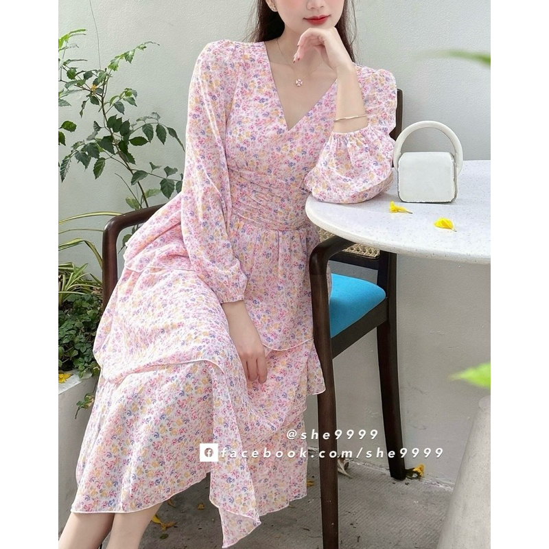 She9999 D287 - ชุดเดรสชีฟองดอกกุหลาบเย ็ น