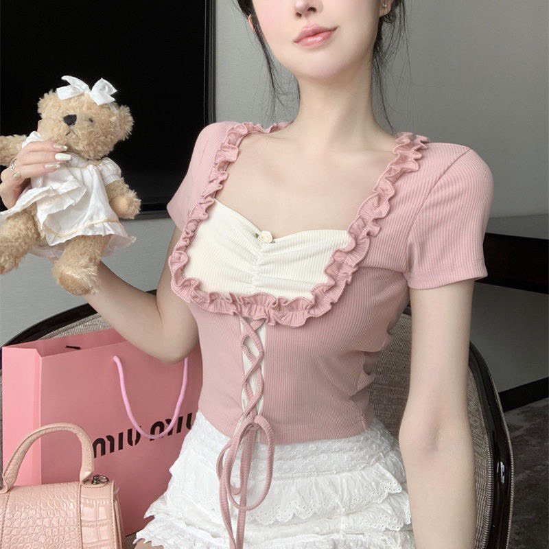 เสื้อยืด CROPTOP สําหรับผู้หญิงสไตล์ดอกไม้หรูหรา H22
