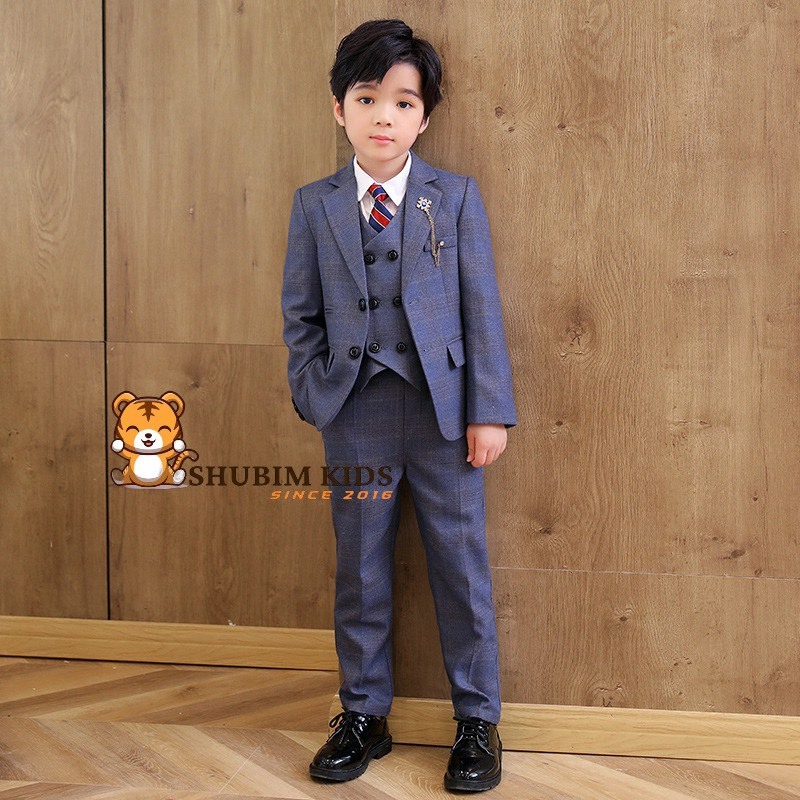 [ShuBim Kids] -VT21 - เสื้อกั๊กการแสดงสําหรับเด็กผู้ชาย - เสื้อกั๊กเย็นลายนูนสีน้ําเงินสําหรับเด็กผู