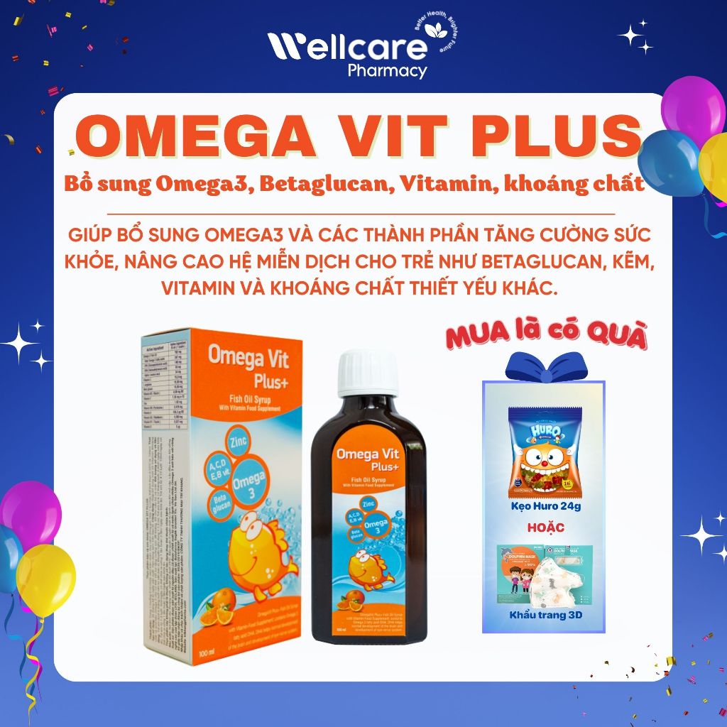 Omega Vit Plus + [ ของแท ้ ] - ขวด 100ml Omega3, Betaglucan, วิตามิน , แร ่ ธาตุเพื ่ อพัฒนาอย ่ างครอบคลุมสําหรับเด ็ ก