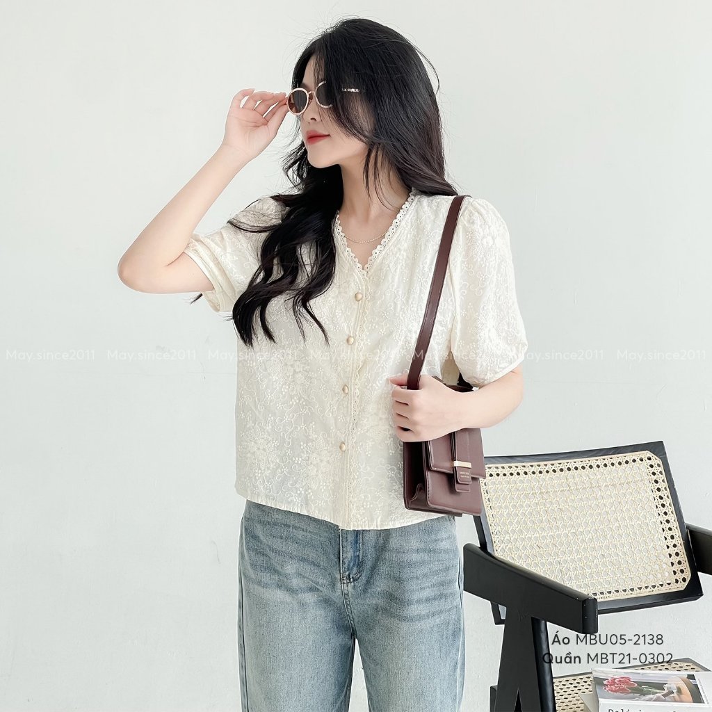 MAY.SINCE2011 เสื้อ V คอนุ่มและน้ําหนักเบา Welded Lace MBU05-2138