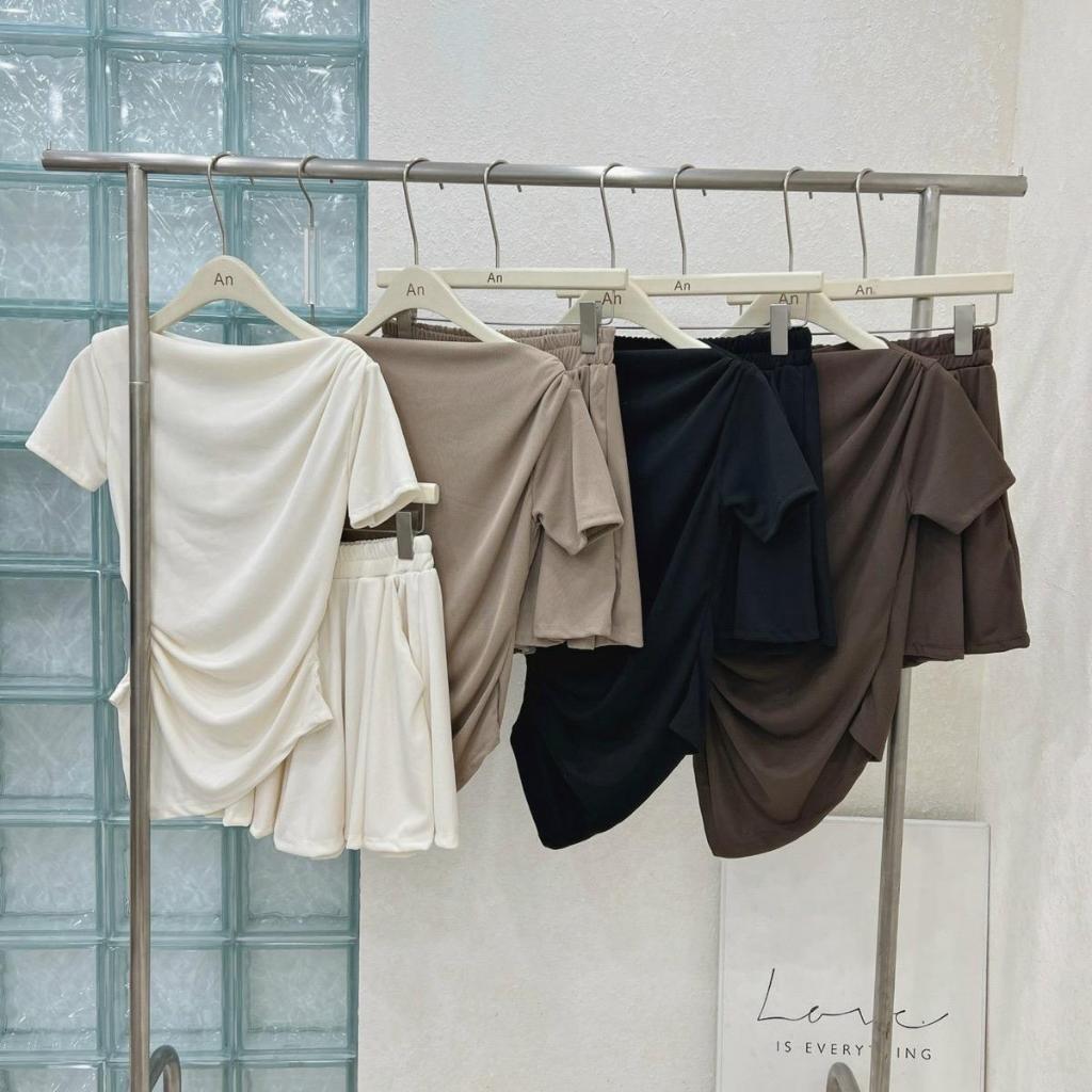 เสื้อเชิ้ตเอว Shrug พร้อมคอเรือแหลมและกางเกงขาสั้นขาบาน - ยางยืดเชื่อม MHL