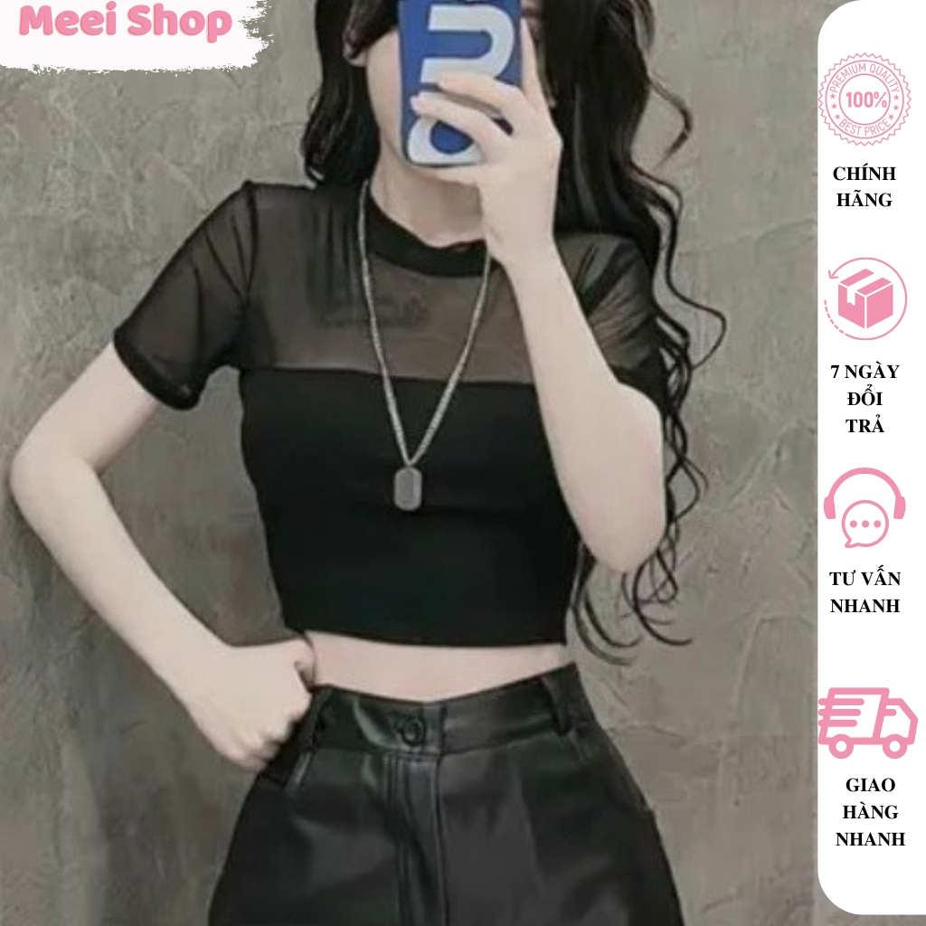 Meei Shop เสื้อครอปตาข่ายคอกลมแขนสั้นสําหรับผู้หญิง เสื้อตาข่ายโบริปเข้ารูปสไตล์บุคลิกภาพเซ็กซี่ A41