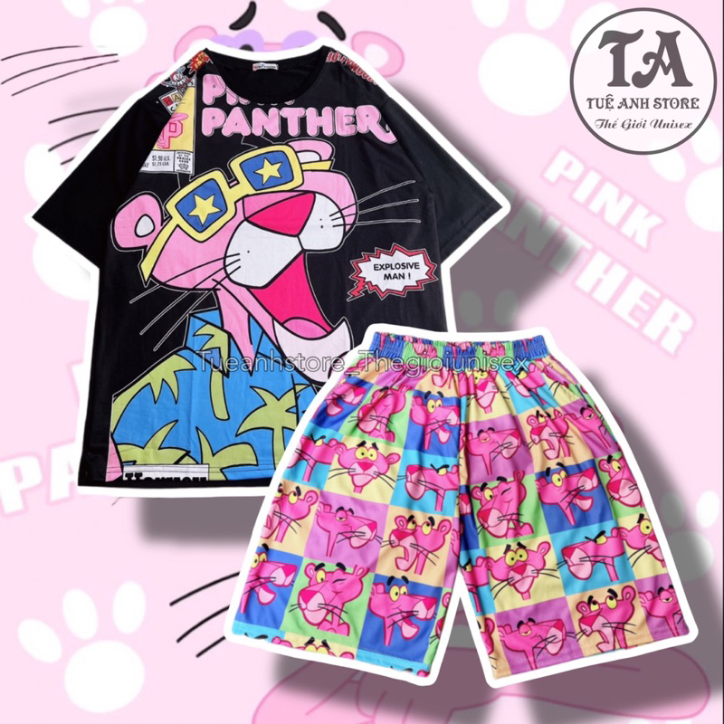 [ 16 รุ ่ นใหม ่ ] Pink Panther cotton Black Pink Panther cotton Thigh Set Cartoon Clothes - Unisex Wide form Cartoon Home Wear