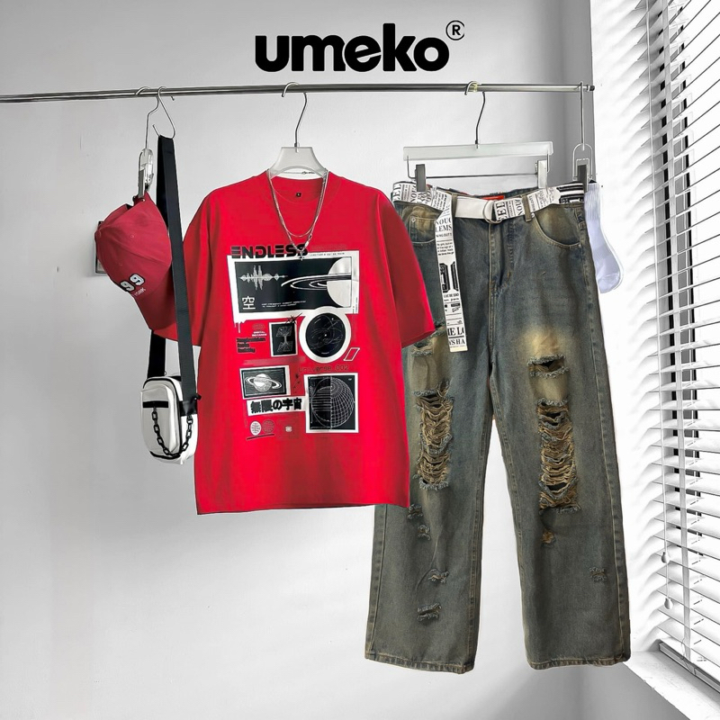 Umeko Set COSMO Unisex รวมเสื ้ อยืดคอกลมโอเวอร ์ ไซส ์ และกางเกงยีนส ์ หลอดกว ้ างสําหรับล ้ าง Torn Streetstyle Menswear