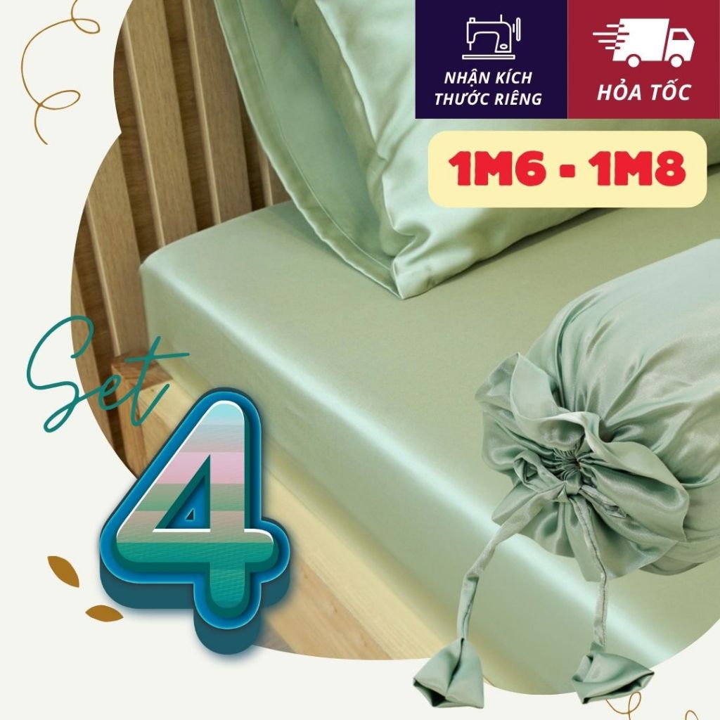 ชุดเดรป (ขนาด 1m6x2m & 1m8x2m) ผ้าไหมไม่ซาติน 4 ชิ้น เรียบ เย็นสบาย เป็นมิตรกับผิว