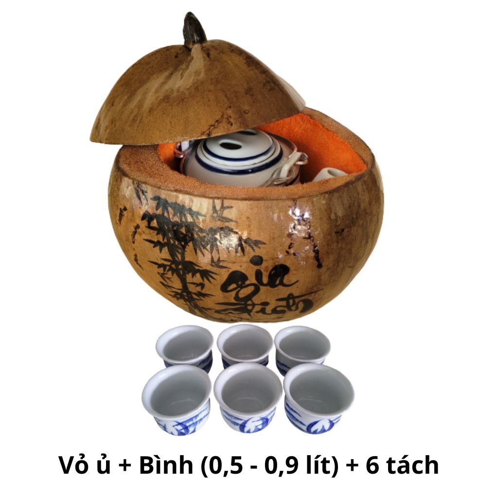 หม้อชามะพร้าวสลักคํา Family, Tea pot 0.4 - 0.9 ลิตร, งานฝีมือชื่อดังของมะพร้าว Ben Tre