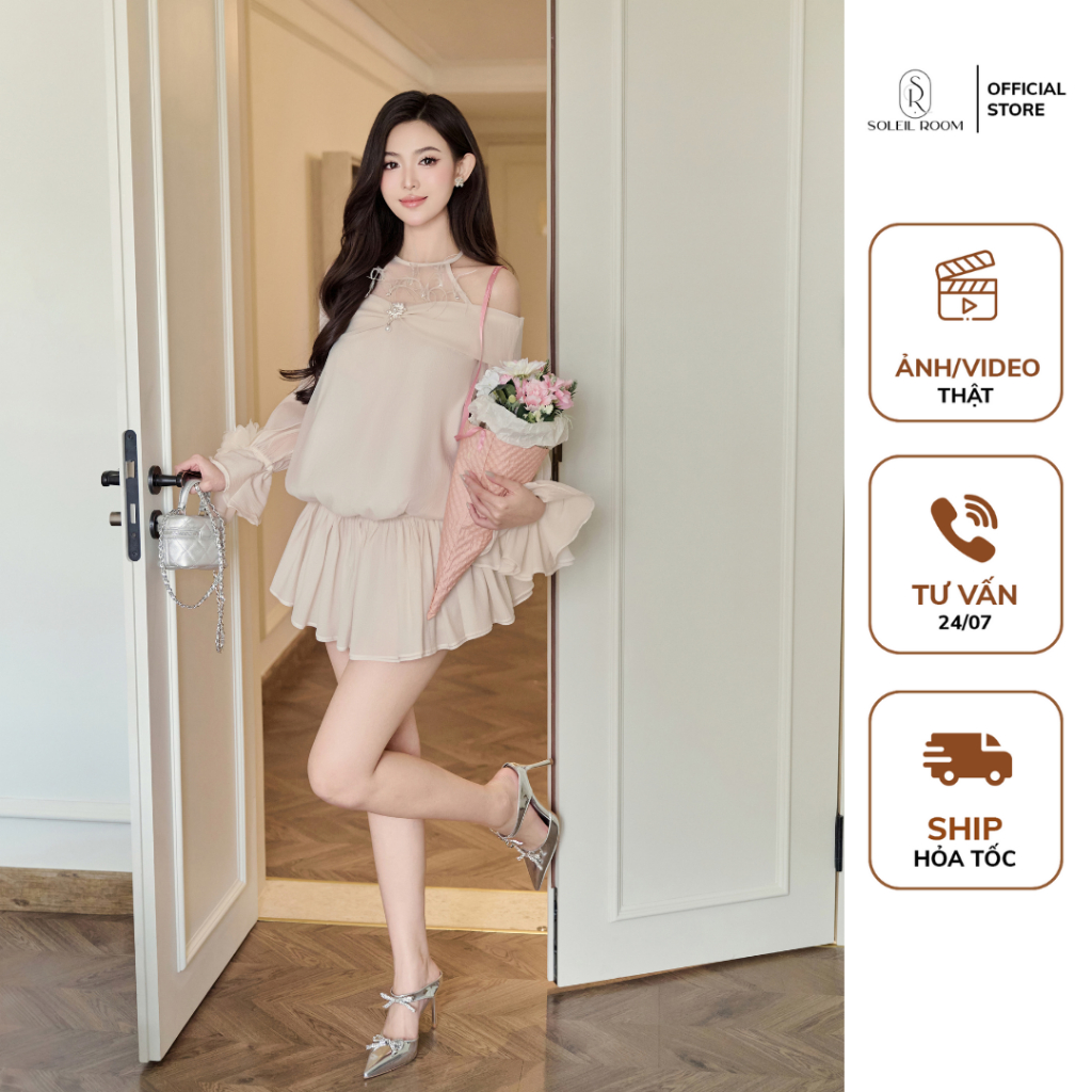 Soleil ROOM ชุดเสื้อเชิ้ตเอวจับจีบพร้อมชุดโบว์ Rhinestone แบบสุ่ม MOCHI