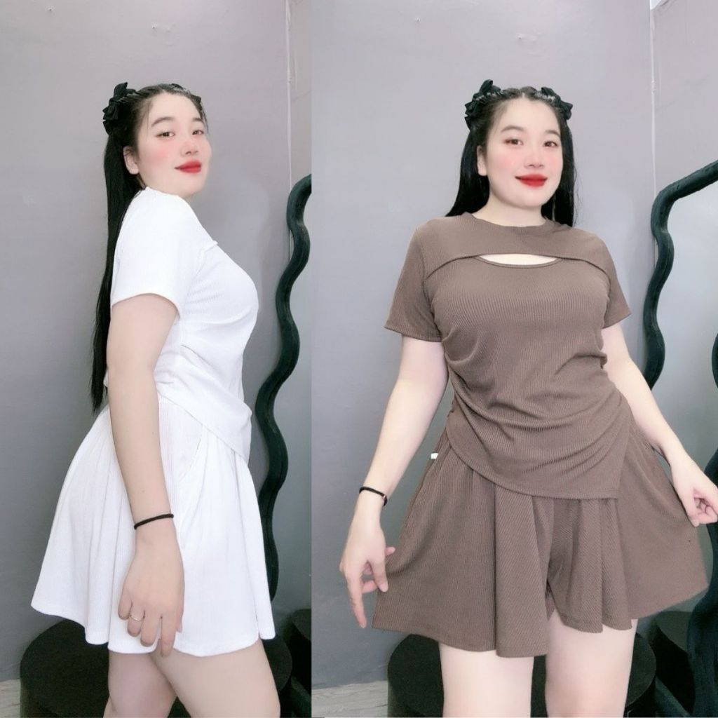 ชุดผู้หญิงไซส์ใหญ่ ชุด เสื้อยืดแขนสั้นเซ็กซี่ร่องหน้าอกและจั๊มเอวยางยืดกระโปรงเทียม - ชุด817