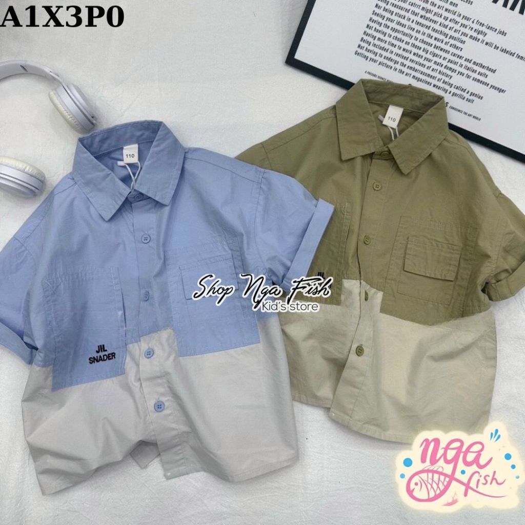 เสื้อเชิ้ตแขนสั้นสีน้ําเงินขาว 2 กระเป๋ามีสไตล์สําหรับเด็กรัสเซีย Fish A1X3P0 - A1X2P5