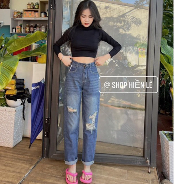 Ripped Dark Blue Baggy Jeans Set + คอเต่าแขนยาว