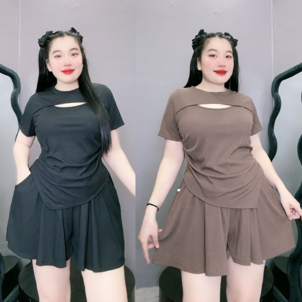 ชุดเซ็ตเสื้อเชิ้ตแขนสั้นไซส์ใหญ่ผู้หญิงเว้าอกแหลมเชือกรูดกางเกงบานเอวสูงผ้ายืดหยุ่นจั๊มเย็นซับเหงื่อ ชุด817