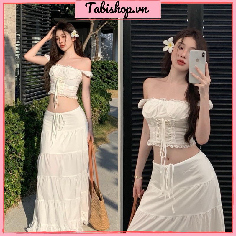 ทาบิช็อป ชุดเซทไปทะเลสีขาว ชุดเสื้อครอปปาดไหล่พร้อมกระโปรงยาวสุดหรูเทรนด์มาแรงใส่หน้าร้อน(11)