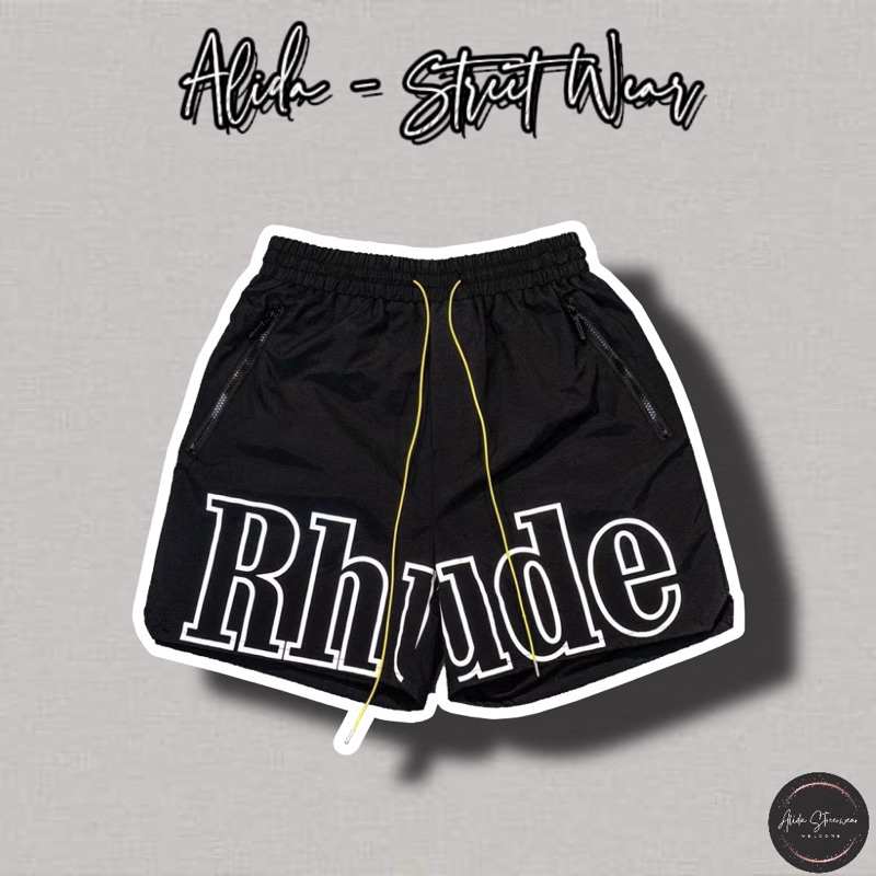 ️[คุณภาพสูง] Rhude Rh Logo Shorts Black Men - White Letter Accents with High Quality Straps - Street
