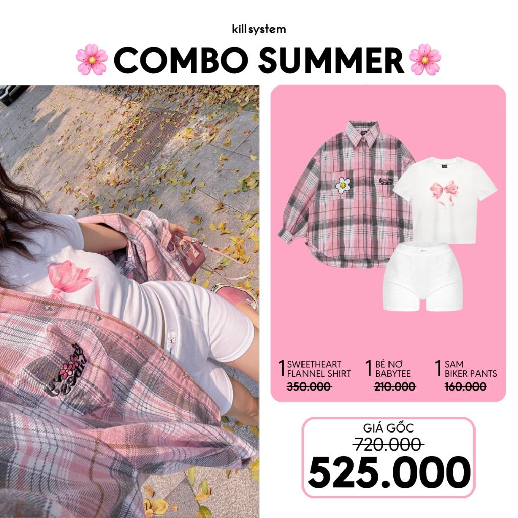 [COMBO 3 SUMMER ] ซื ้ อ 1 Sweetheart Checkered Shirt , 1 Pink Baby Baytee และ 1 White Kill System biker Pants