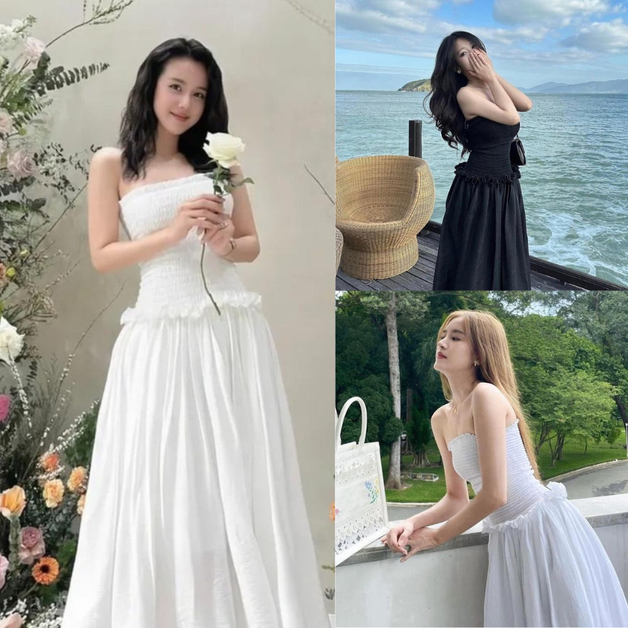 ชุดเดรสท่อบัสเปอร์บานสีดําและสีขาวชุดแม็กซี่บานดีไซน์หรูหราสําหรับสาวๆไปเที่ยวทะเล-mp