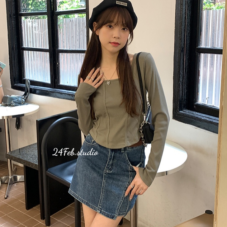 [APN24] [SOLD OUT] เสื้อครอปคอเหลี่ยมแขนยาวสไตล์เกาหลี ullzang