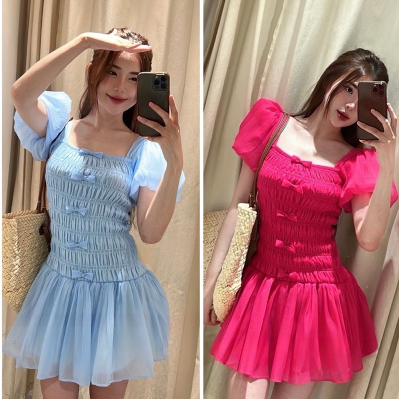 เดรสสั้นผูกโบว์ babydoll มีซับในเลดี้ไลค์และกระโปรงบาน