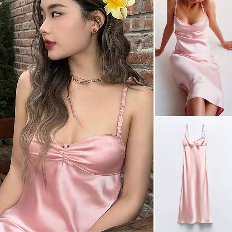 (มีจําหน่าย M/L) ZARA PINK SILK 2-Strap DRESS EXPORTED