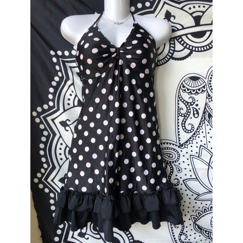 2hand- HALTER MINI DRESS BABYDOLL BOW COLLAR DRESS WITH BLACK AND WHITE PORK PATTERN FISH TAIL STYLE