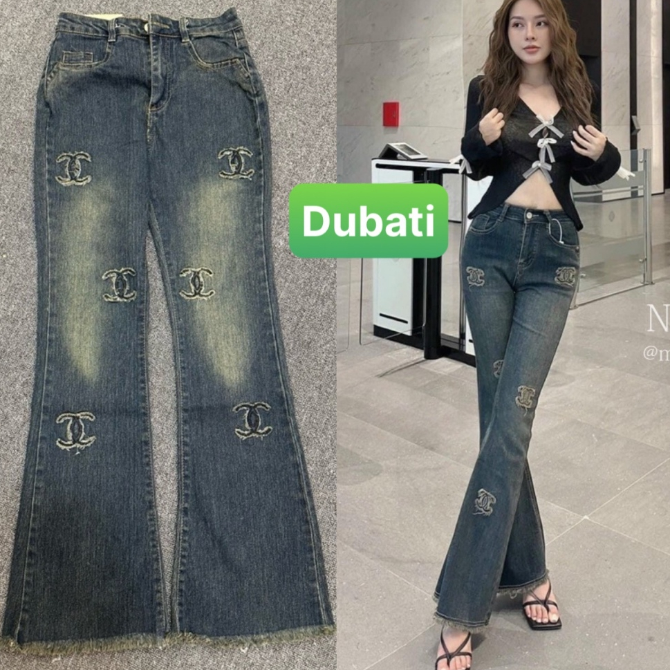 กางเกงยีนส์ผู้หญิงสีฟ้า COW พร้อม LUXURY EMBROIDERED FLARE TUBE HIGH WAIST BUTT ENHANCEMENT HOT TREND 2024 DB - 1000 - DUBATI FASHION