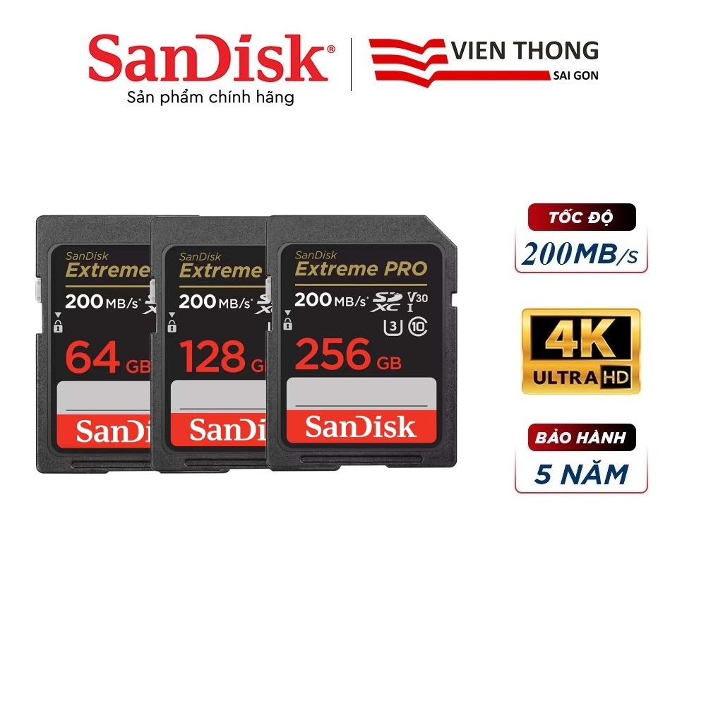Sandisk Extreme PRO SDXC 64GB /128GB /256GB UHS-I Speed Class 3 การ ์ ดหน ่ วยความจําสูงสุด 200MB / วินาที