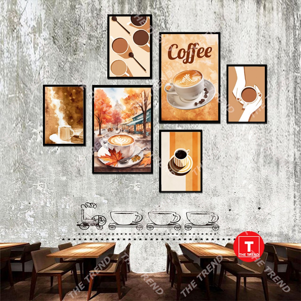 (COFFE Paintings) ชุดภาพวาดติดผนัง 6 ชิ้น ตกแต่งร้านกาแฟ สติ๊กเกอร์กาแฟ ภาพวาดคาเฟ่