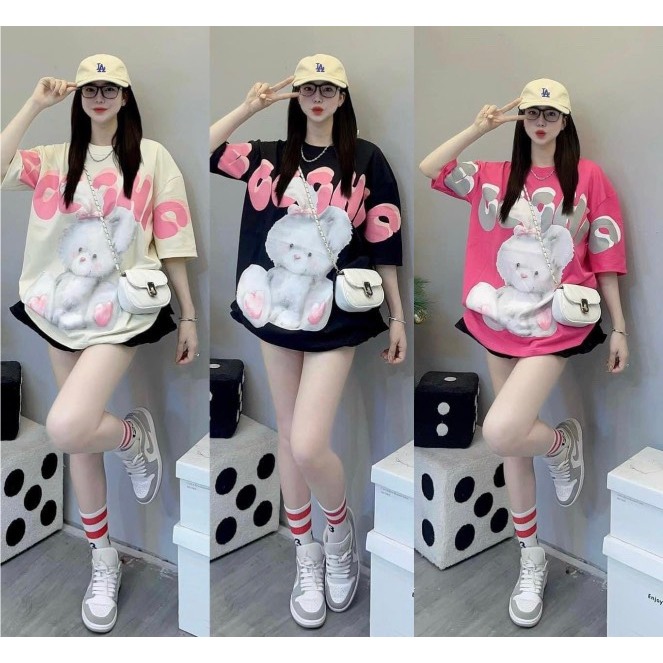เสื้อยืดกระต่ายอีโคชิคผ้าคอตตอนมีกระเป๋าซิป2ไซส์