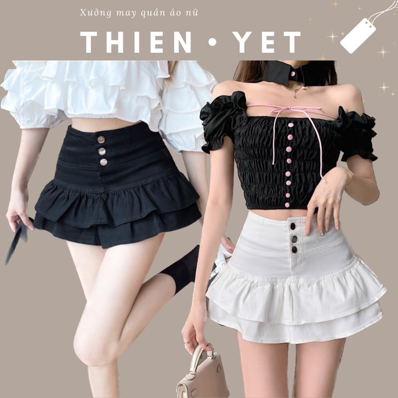 กระโปรงสีกากีบาน 3 ปุ่มผู้หญิงน่ารักพร้อมกางเกงด้านใน UN-LP-KX - Thien Scorpio ขายส่ง = ขายปลีก