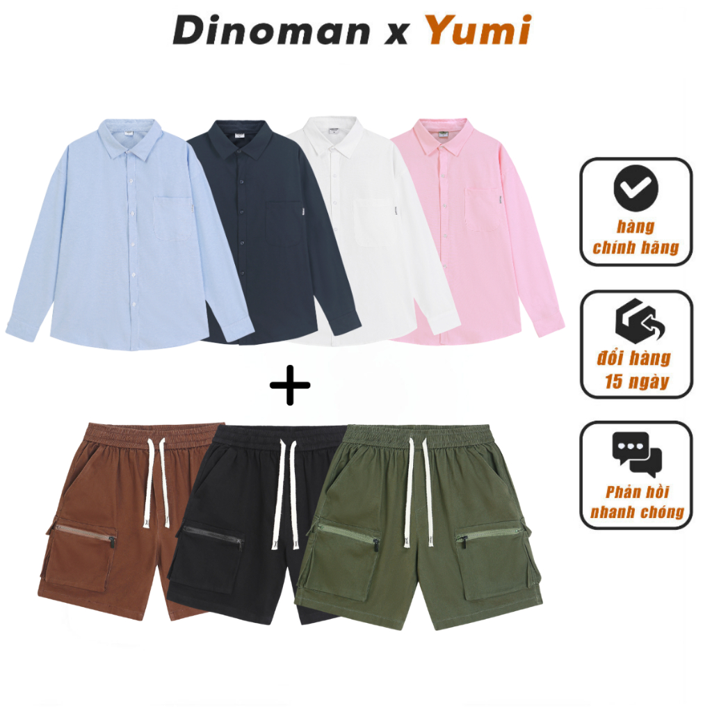 Oxford Plain เสื ้ อแขนยาว Combo และ Khaki Box Shorts สําหรับผู ้ ชายและผู ้ หญิง DINO x YUMI