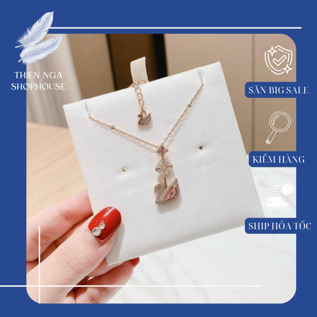 สร้อยคอ Swarovski สร้อยคอหงส์หินสีชมพูหรูหราและประณีตสําหรับผู้หญิง Fullbox_thien_nga_veet_nam