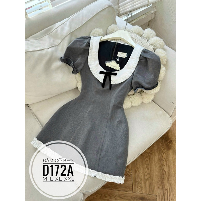 Fat Cat Bigsize  เดรสคอปกโบว์สีเทา bigsize 50-100kg