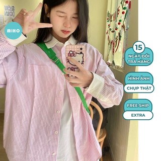 Áo Sơ Mi Kẻ Sọc Dài Tay Phối Cổ Trắng, Áo Sơmi Tay Phối Form Rộng Thoáng Mát, Somi Tiểu Thư Điệu Đà Miho House