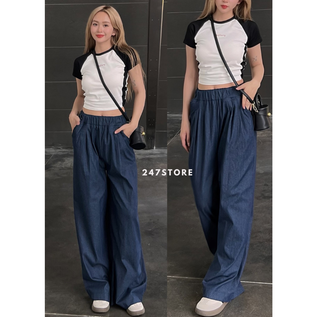 กางเกงขากว้างผู้หญิงทําจากกางเกงยีนส์กระดาษเอวยางยืดกว้าง - 247store - Quangiabo064_P6K4