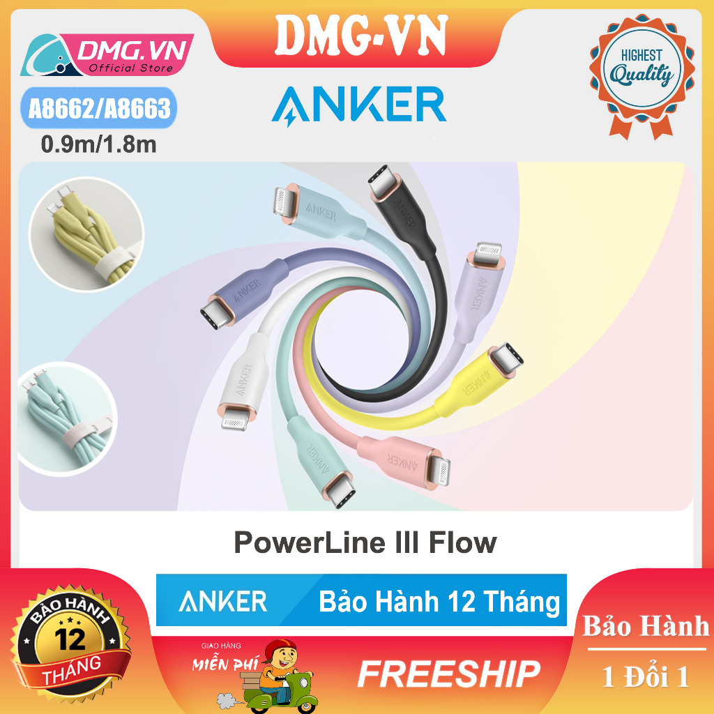 สายชาร์จ Anker A8662 0.9m/A8663 1.8m Power Line III Flow USB-C ถึง L - 18T
