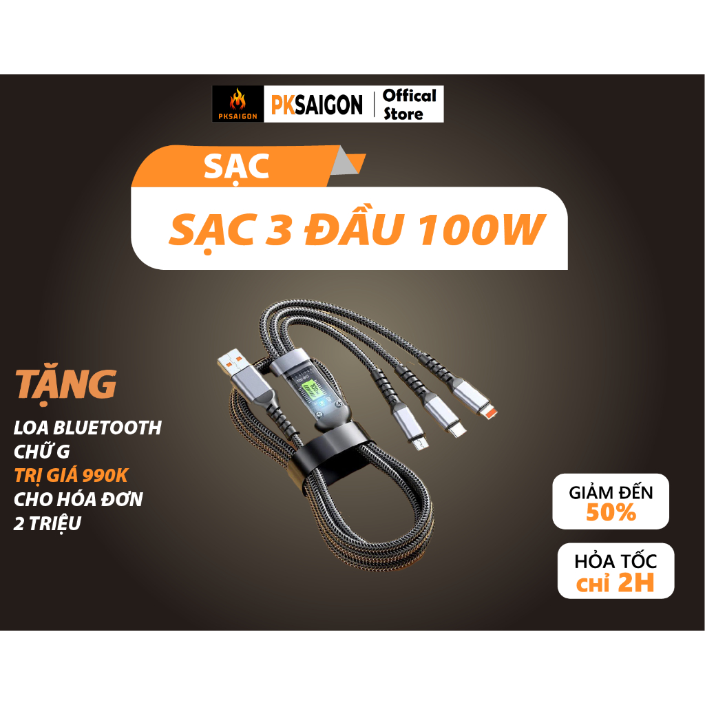สายชาร์จเร็ว 3 หัว 100w 1m2 ยาว รองรับ 3-in-1 Fast Charging Anti-break, Anti-Tangle PKSAIGON