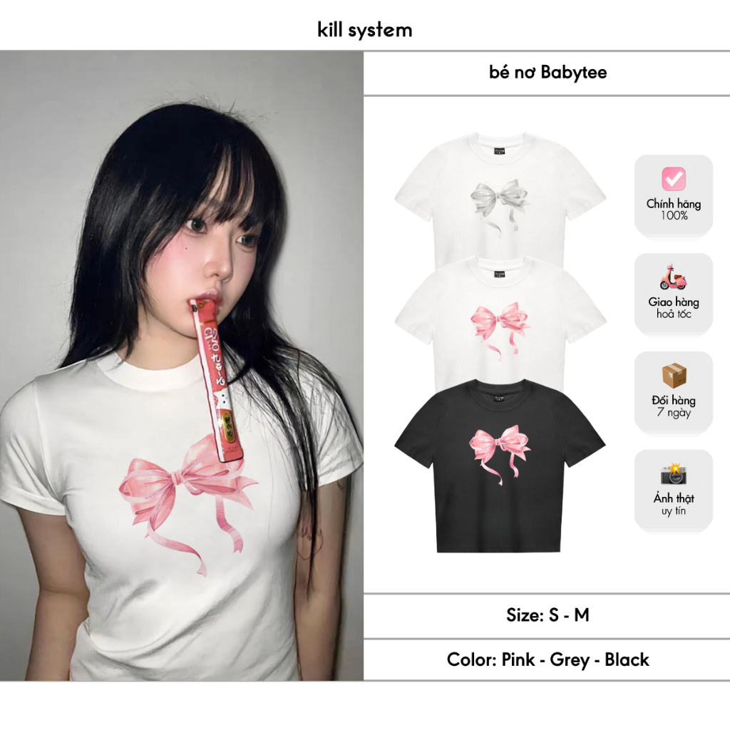 เสื้อยืดผูกโบว์ Babytee Kill System ผ้ายืดสีขาวและสีดํา