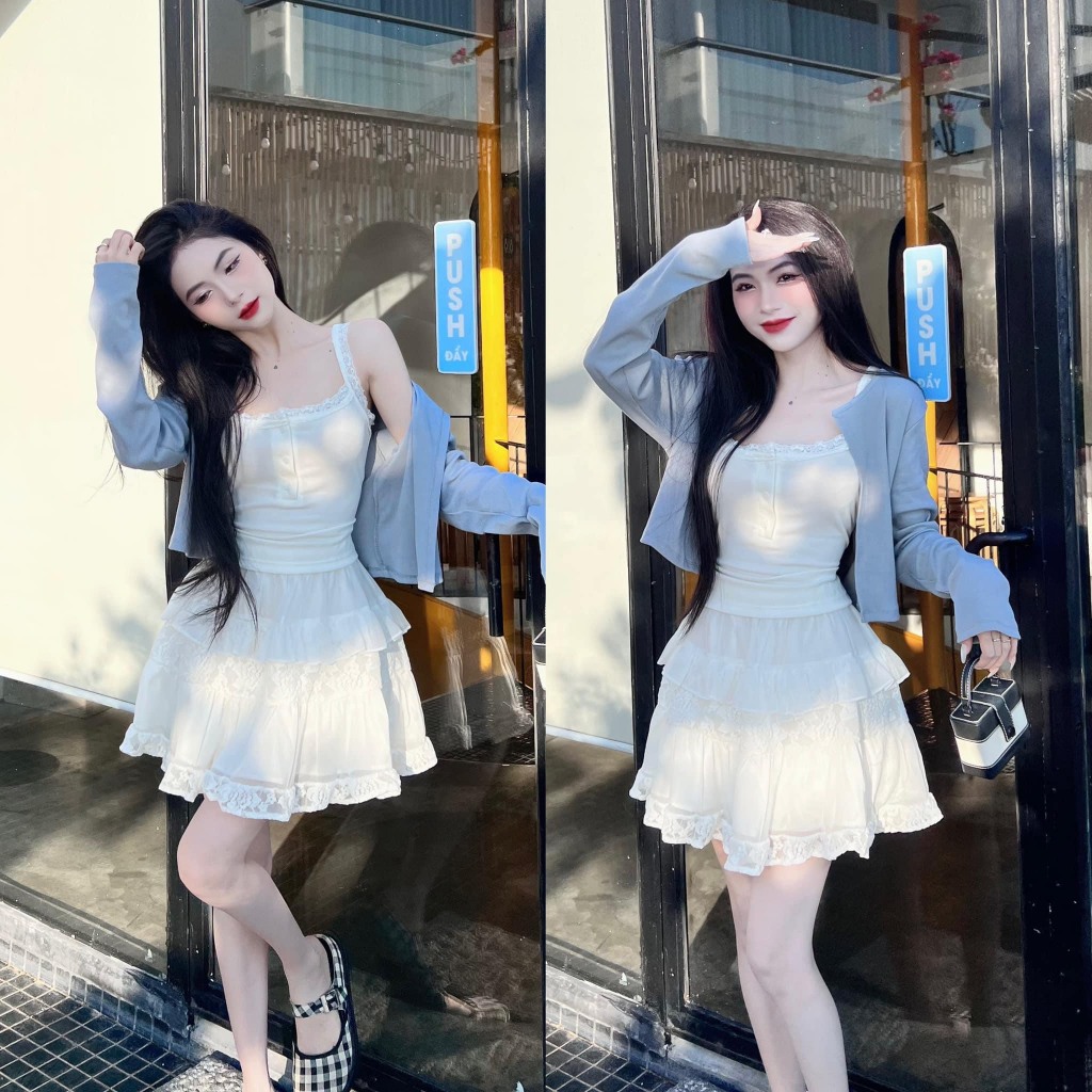 ชุด 3 รายการ: TD BLUE JACKET + 2 สายคล้องคอสีขาวพร้อมขอบลูกไม้ + กางเกงขายาวที่สวยงาม CV สําหรับ GIR