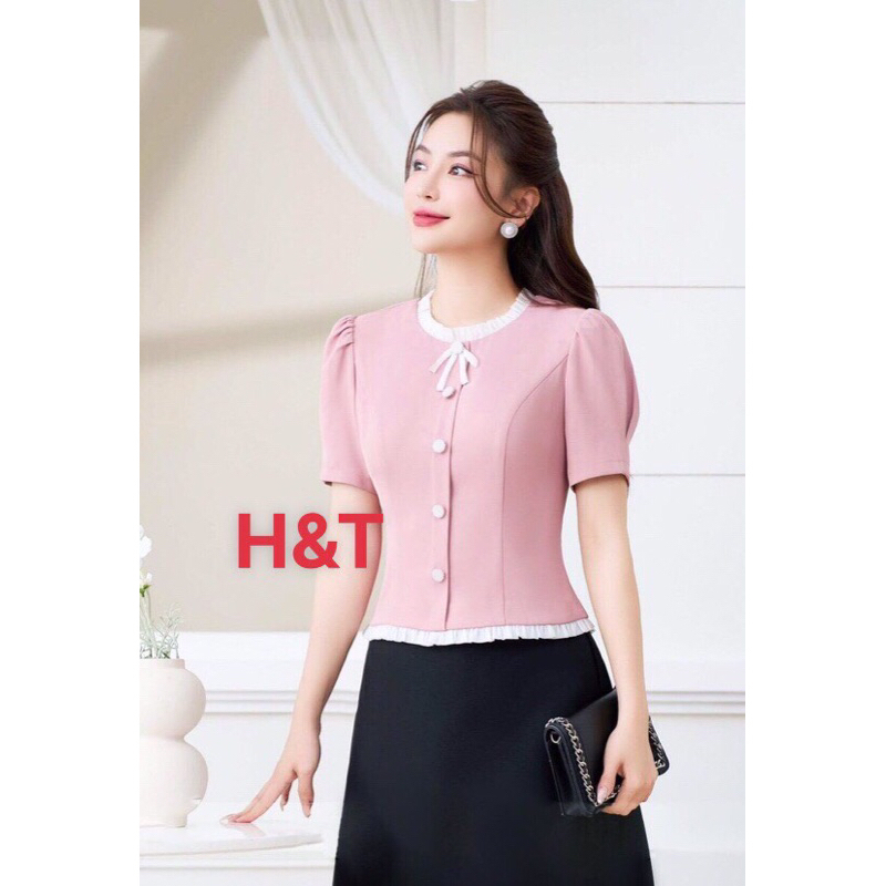 เสื้อเชิ้ตสไตล์สํานักงาน ROUND สร้อยคอน่ารักสีขาว TRIM LUXURY และเสื้อยืดแขนสั้นเย็น, ผ้าฝ้ายนุ่ม CT