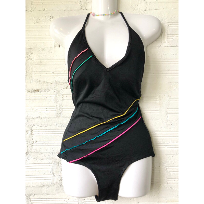 2hand- SWIMSUIT/BODYSUIT/BIKINI BODY SWIMWEAR WITH CUT-OFF BACK CROSS-BAND BLACK MIXED WITH BASIC CO