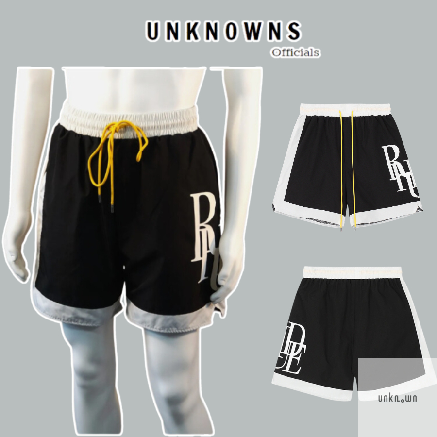 [คุณภาพกระจก] -Rhude Side Logo Black Shorts, กางเกงขาสั้นไนลอน RH ระดับพรีเมียม