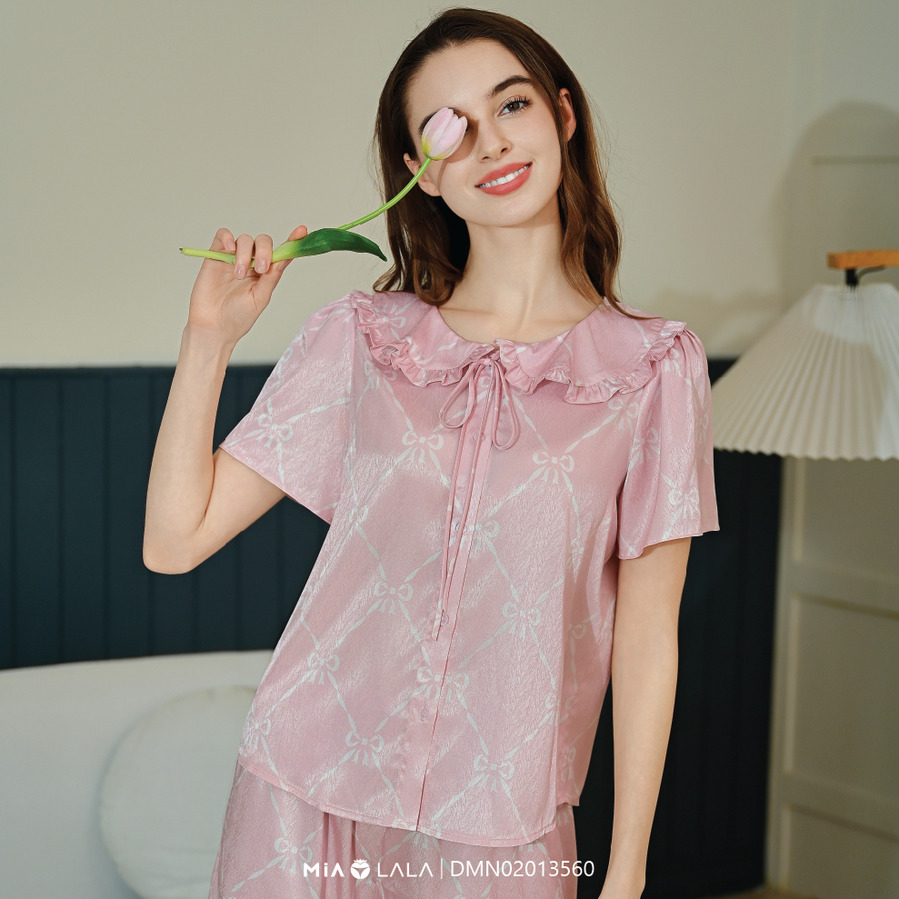 Mialala 3560 DMN ชุดเดรสบ้านผ้าไหมคอปกดอกบัวผู้หญิงพร้อมลายโบว์เลื่อน02013560