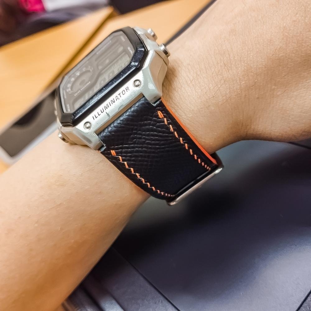 สายนาฬิกาหนัง Casio AE1200 WHD ทําจากหนัง epsom คุณภาพสูง พร้อมล็อคและกล่องสลัก เครื่องมือเปลี่ยนสาย