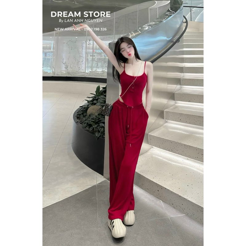 ชุดเซ็ทแฟชั่นขายาวผู้หญิงใส่ไปเที่ยวยางยืดกันหนาวมี2สายสั้นและกระดุมผสมกางเกงขากว้างบุคลิกภาพ3สี