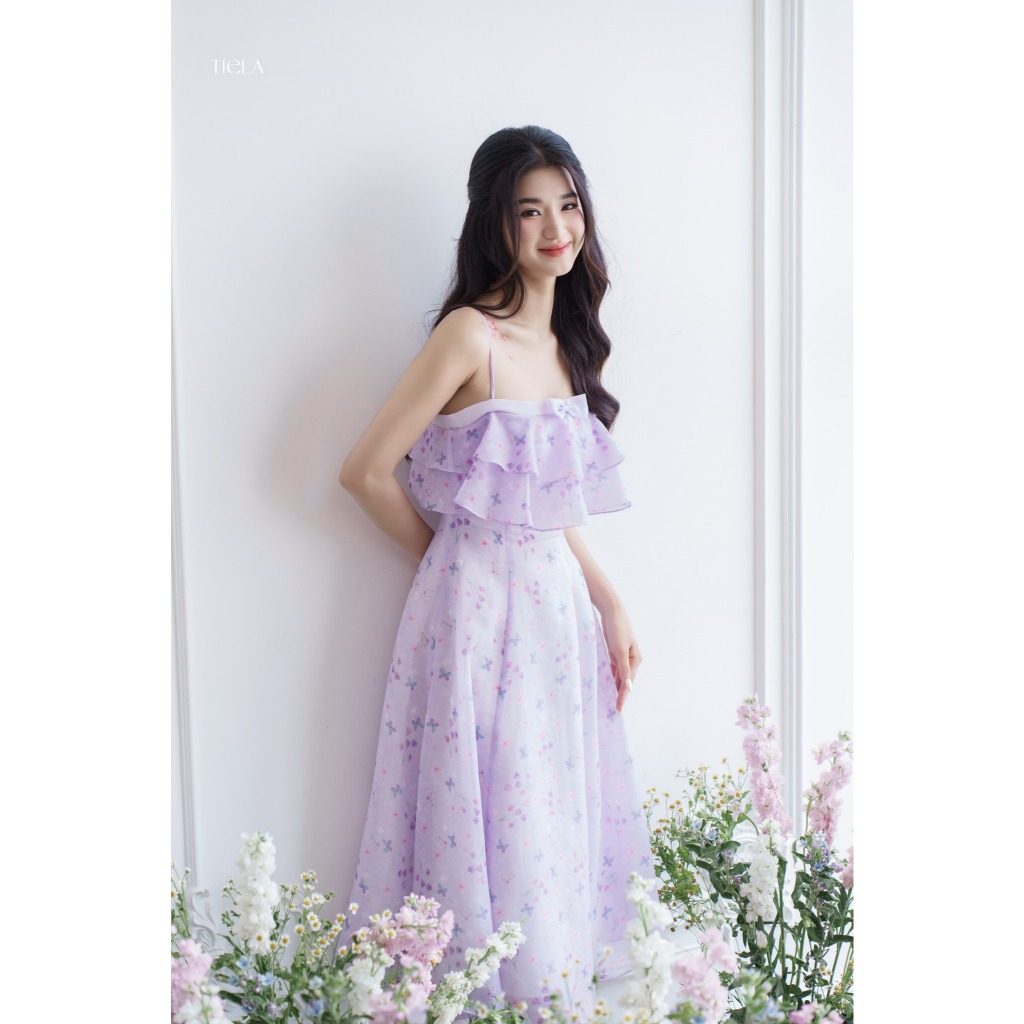 Tiela เดรสลายดอกไม้สีม่วงมีโบว์ - เดรสสีม่วง
