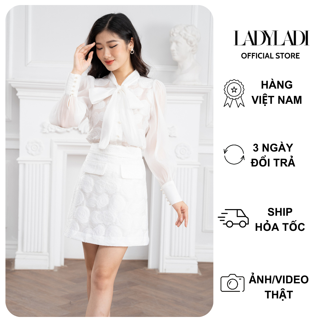 ลาดี เสื้อคอปกโบว์ เซ็ทพร้อมกระโปรงทรงเอวัยรุ่น เรียบหรู NSE11