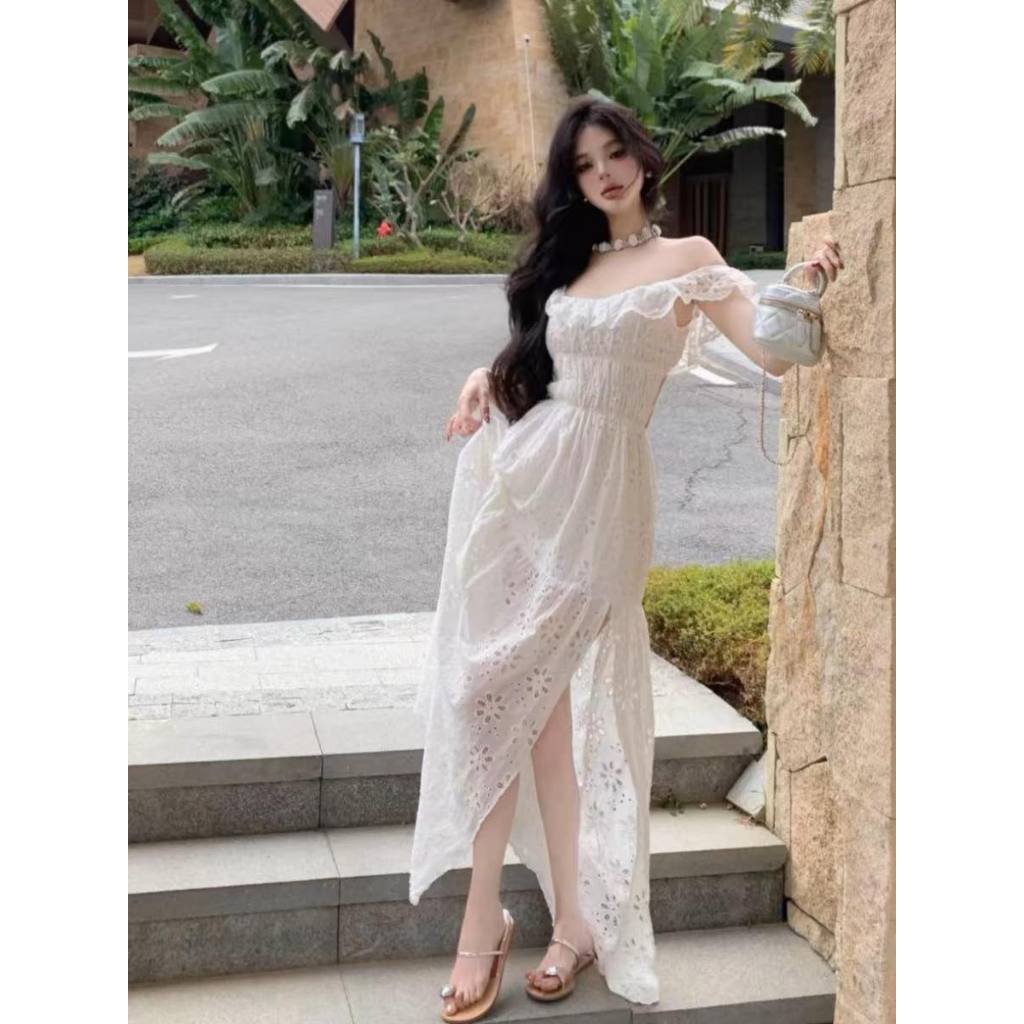 เดรสคอเหลี่ยมเว้าหลัง-ลูกไม้ปาดไหล่ LBR Garment