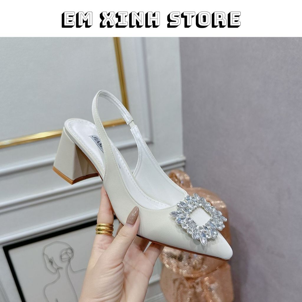 35-41 รองเท้าแตะ 5&7p ส้นสี่เหลี่ยมทําจากกํามะหยี่คุณภาพสูงหินสี่เหลี่ยมสีขาว Em Xinh Store รหัส N8